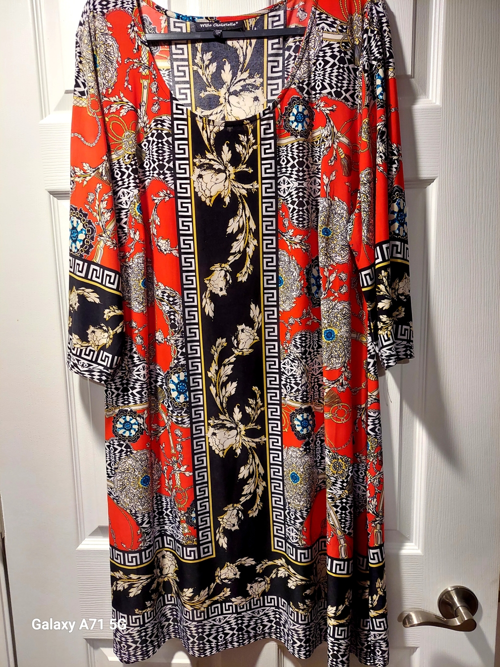 Mlle Gabrielle Red & Black Printed Midi Dress with Gold Accents